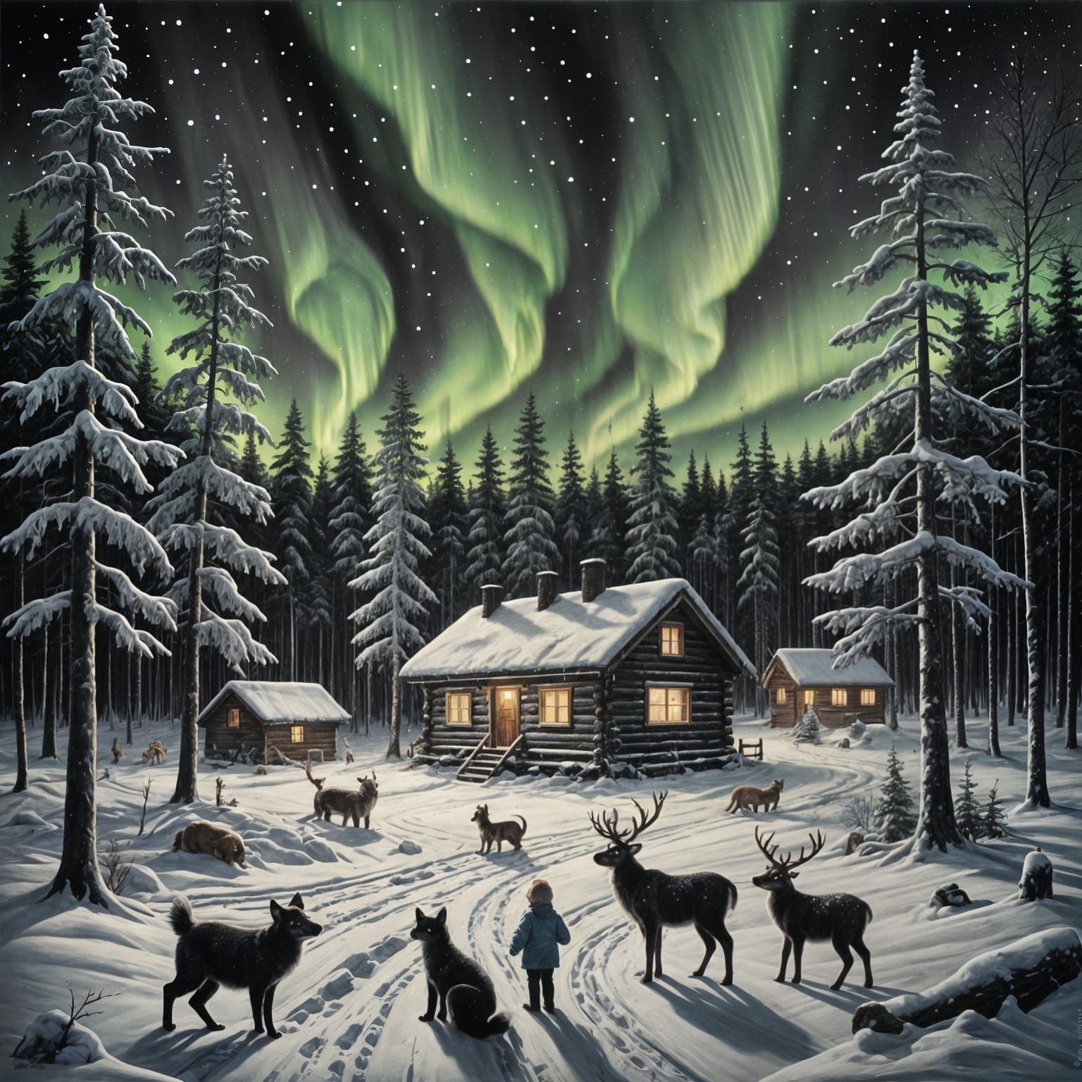 Christmas in Finland is snowy, crisp, northern lights, forest animals, shed, cabin, children playing  by @Aspen