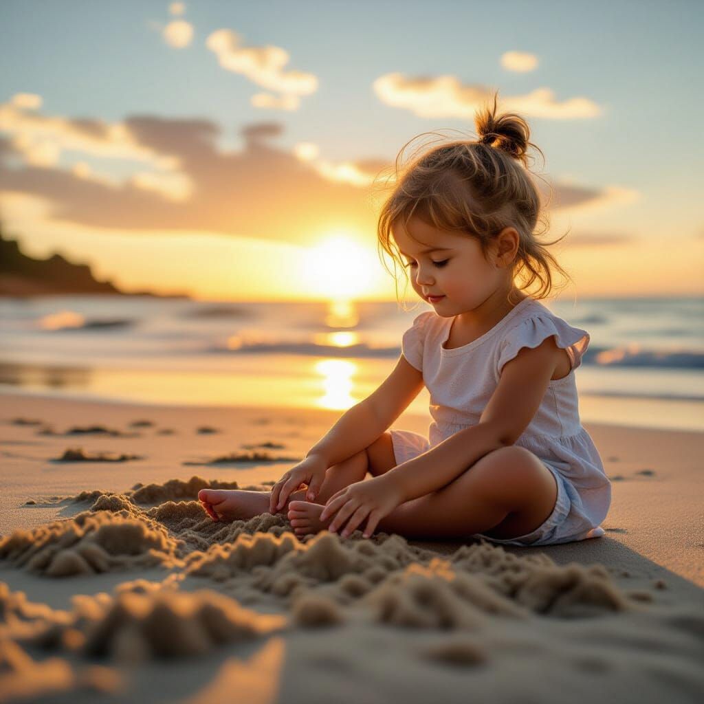 Little Girl Plays in Golden Hour Beach Sunset