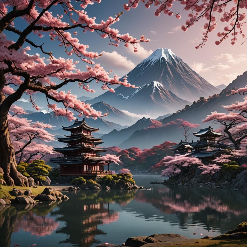 A beautiful ancient sakura tree in front of a lake. Mountain...