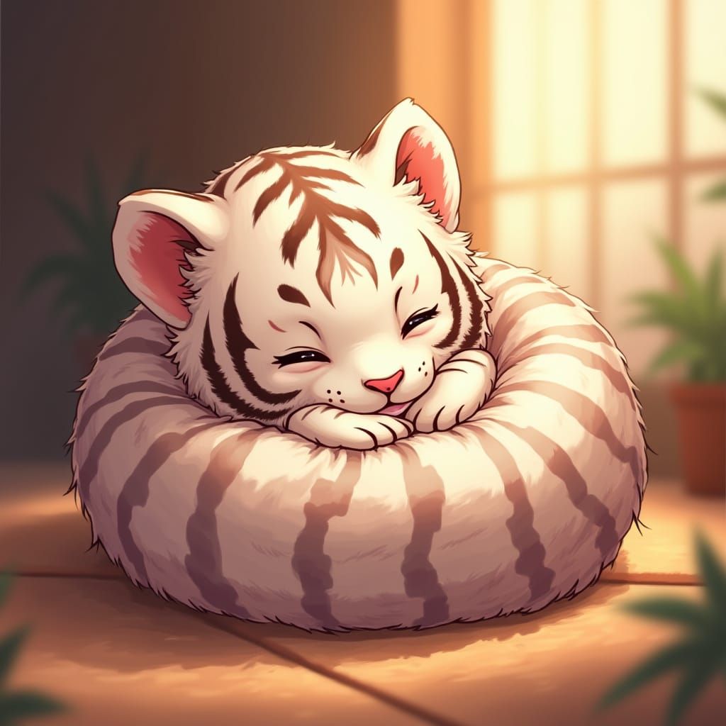 Cute Baby White Tiger in Warm Anime-Inspired Scene