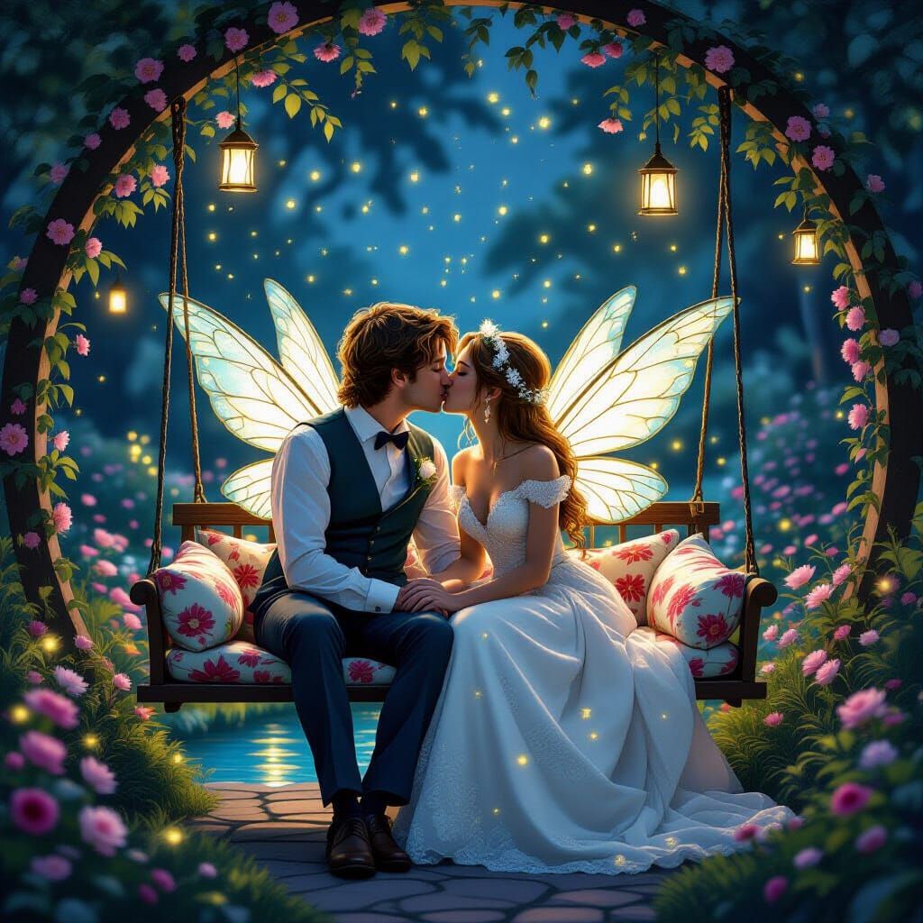 Enchanted Fairy Couple Kissing on Garden Swing