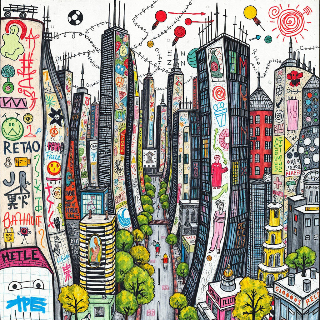 A doodle-filled city with wacky buildings, playful stick figures, and random objects scattered around. ...  by @Schoor