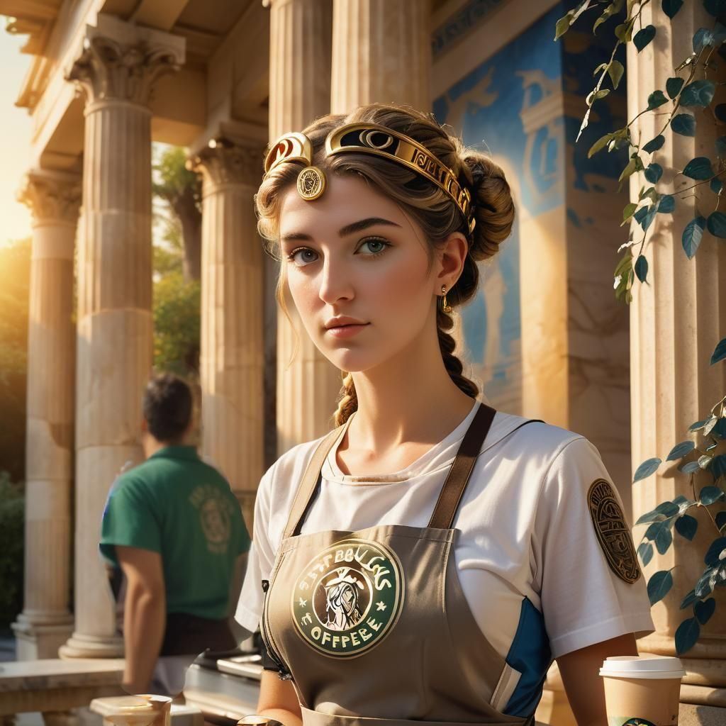 Greek goddess art. Portrait shot. Goddess Athena wearing a Starbucks barista uniform with the logo on her apron, serving coffee in a ancient...