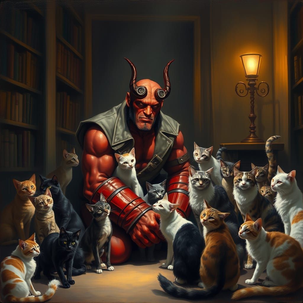 Hellboy surrounded by his favorite cats 