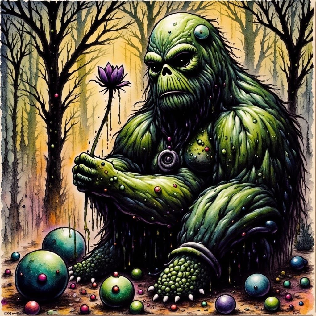 (The Swamp Thing in alphonse mucha:1.9) minimalistic, (block print, simplified block shapes:1.9) Wood block print, Alcohol ink, Oil paint, d...