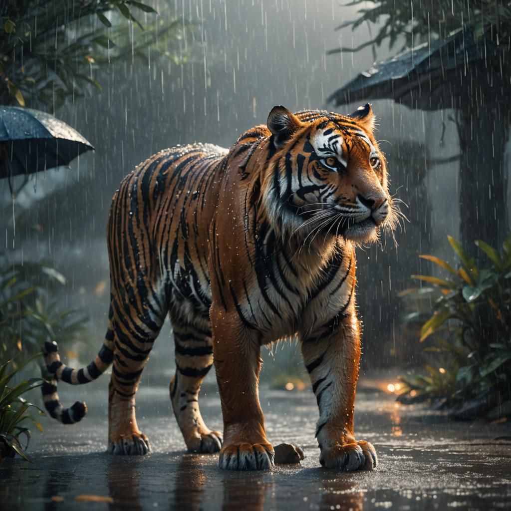 Lonely Tiger in Rainy Fantasy Landscape
