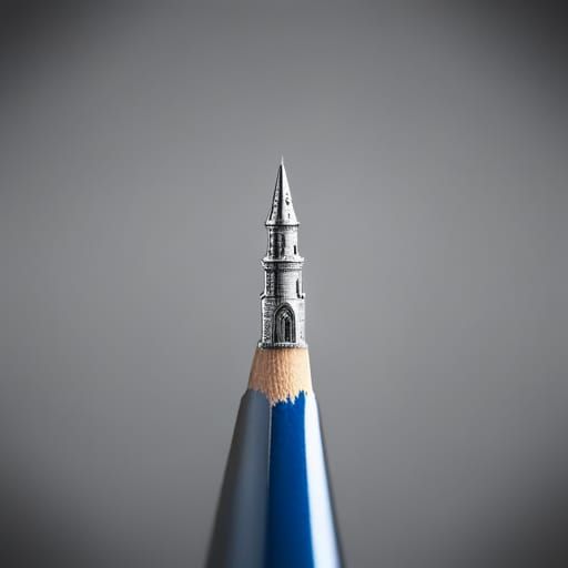 A realistic miniature of medieval castle tower carved perfectly on the tip of a pencil lead
false