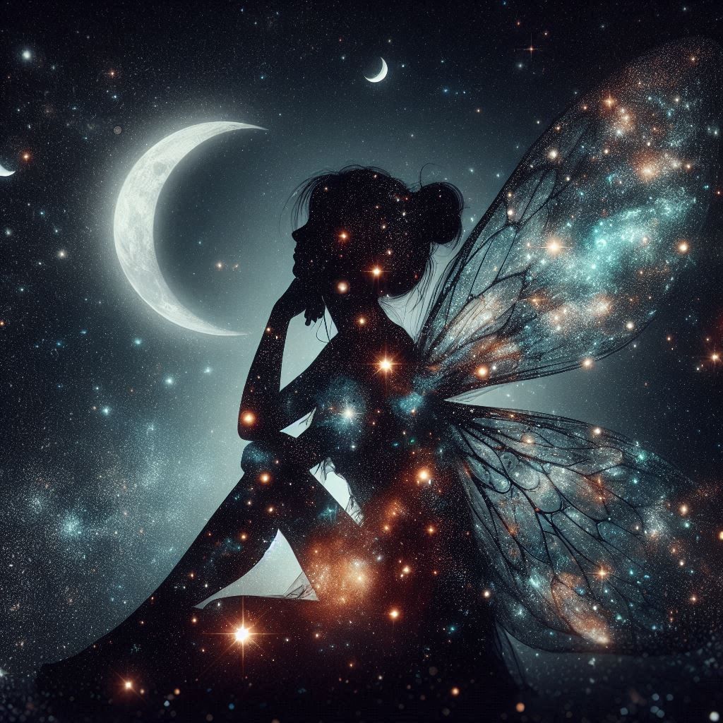 double exposure, fairy and stars