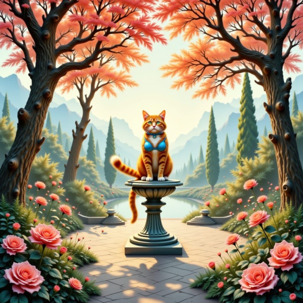 anthropomorphic cat, sitting on a pedestal, wearing a bikini <lora:Sveta II Charcoal:1.0> <lora:The Rainbow of Red:1.0> <lora:You Are A Star...