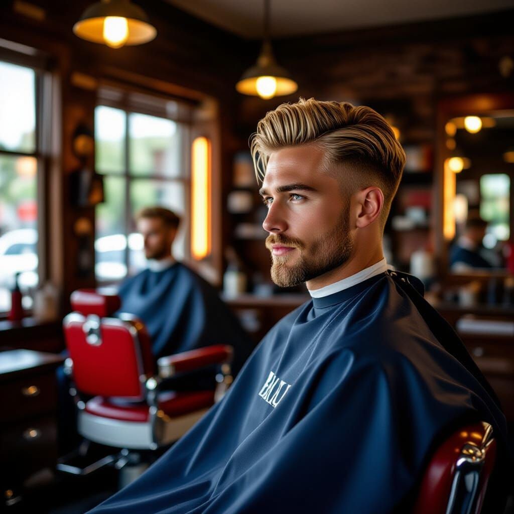 Handsome Blonde Man in Retro Barbershop