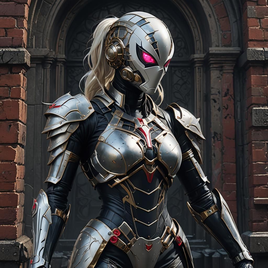 Spider-Gwen in a suit of Space Marine Power armor in the world of Warhammer 40k