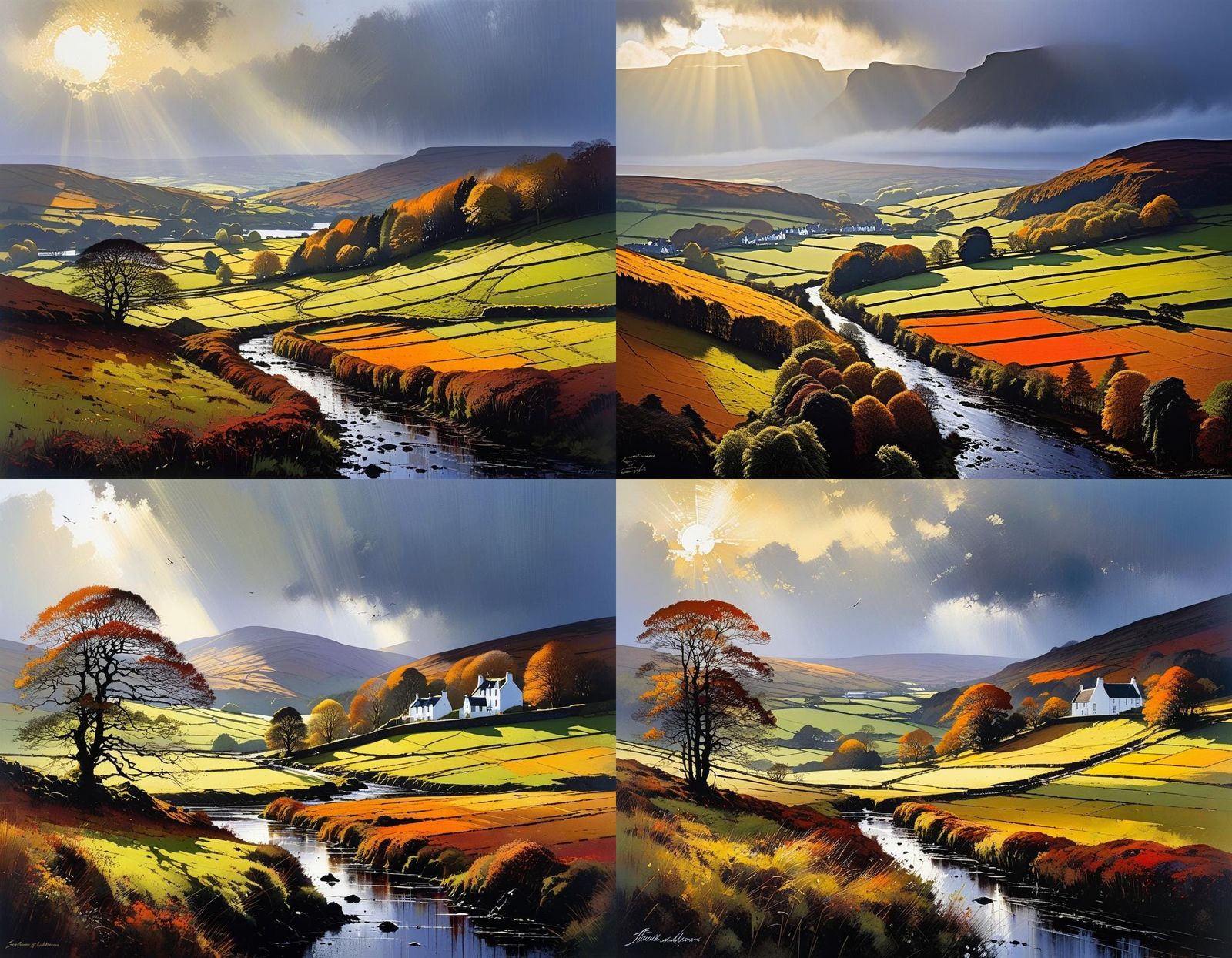 After a heavy rain shower, the sun comes out again and the Scottish autumn landscape shines in the evening light, by Ste...