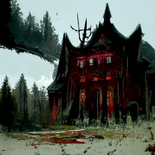 Menacing mansion in the middle of the woods with some blood ...