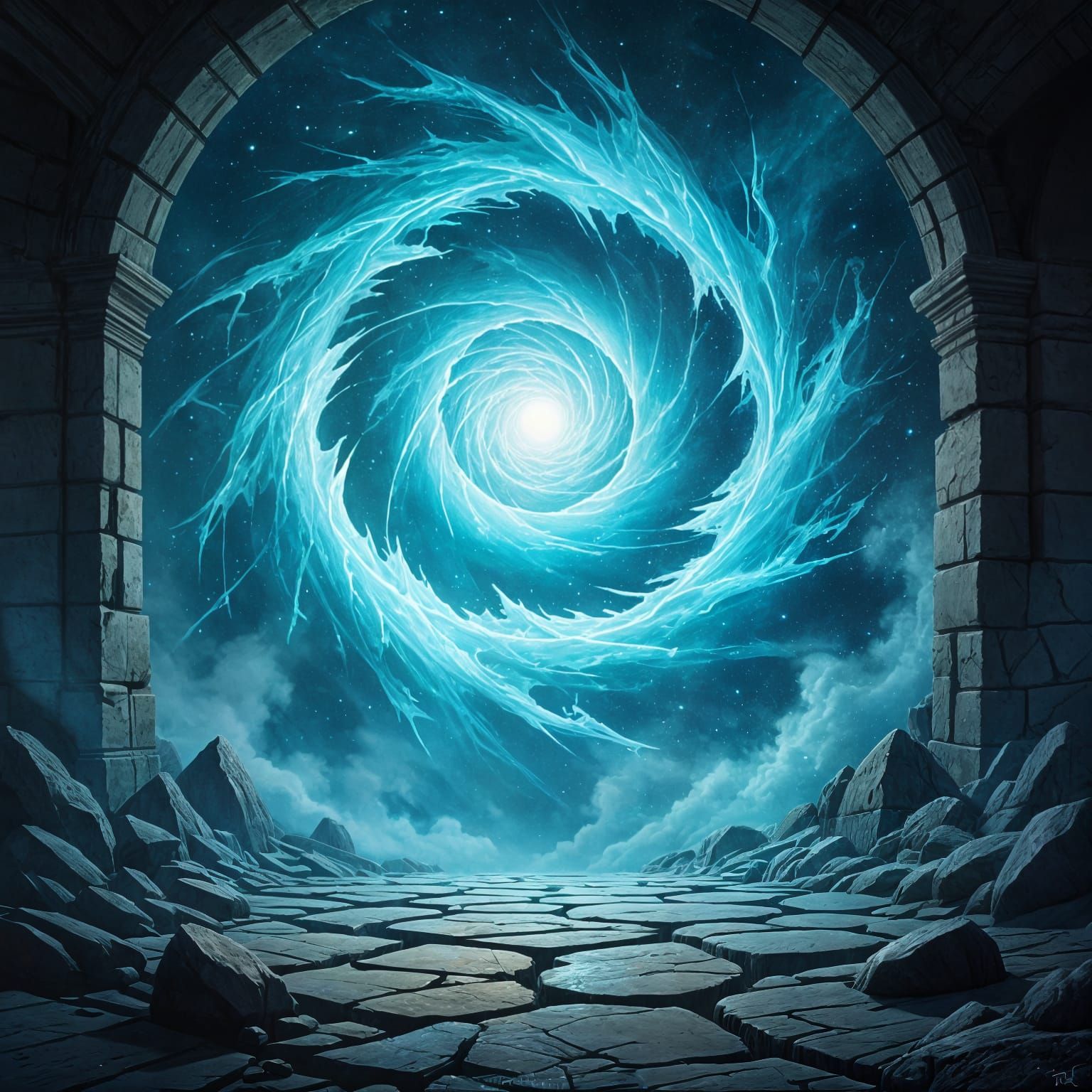 An abstract representation of a mythical artifact, appearing as a swirling vortex of ice and starlight, floating above a cracked, ancient st...