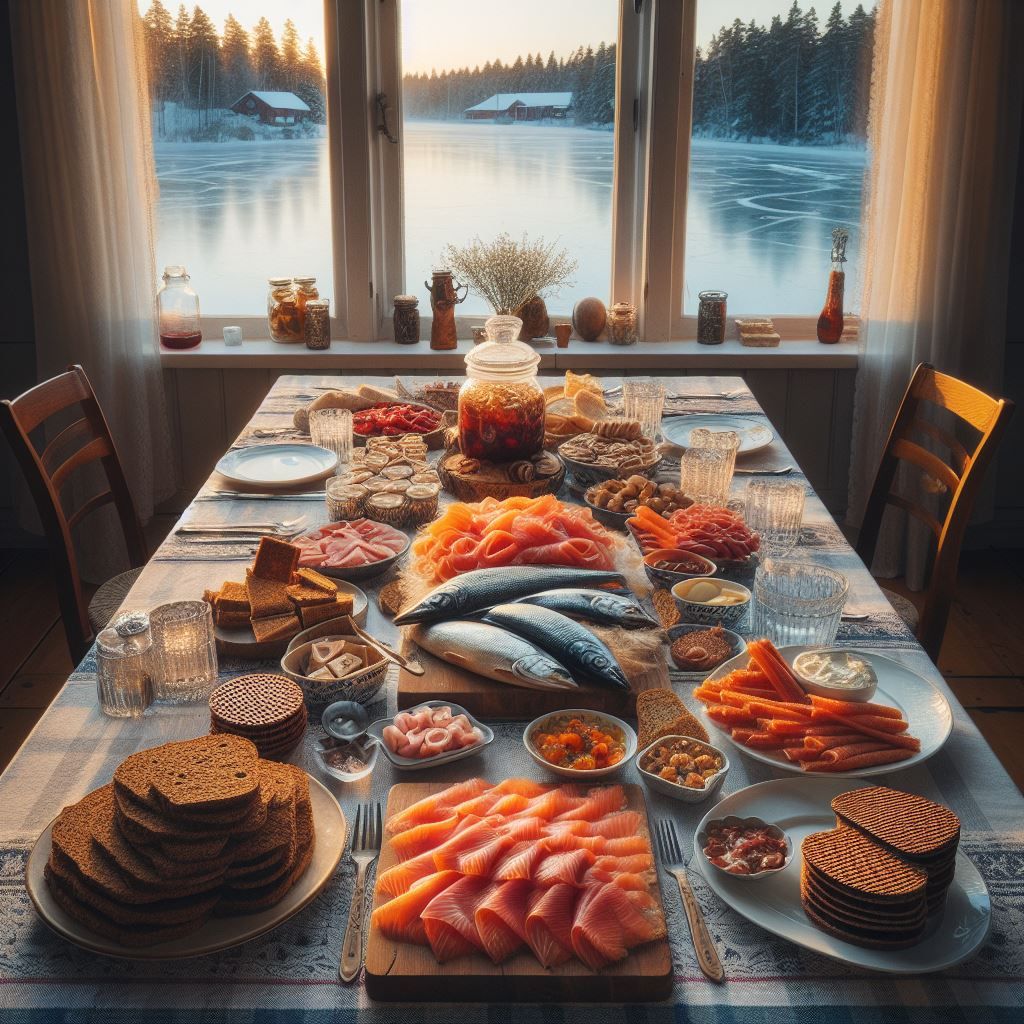 traditional Finnish fare - smoked salmon, gravadlax, pickled herring, mämmi dessert, rye bread, stroopwafels