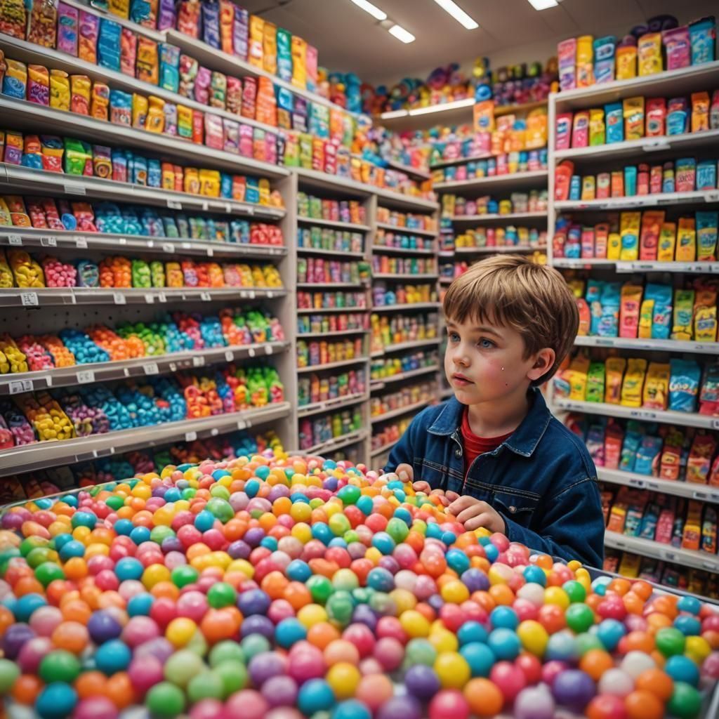 a kid and a candy store full of neon candies the kid very re...