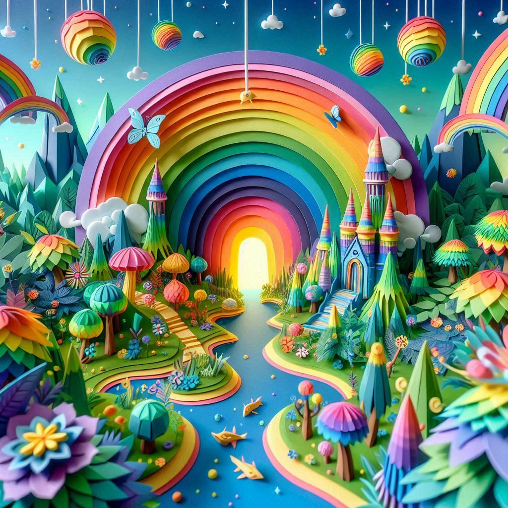 3d claymation artwork of a fantasy rainbow forest in vivid vibrant colours in an aerial view, made in paper craft style