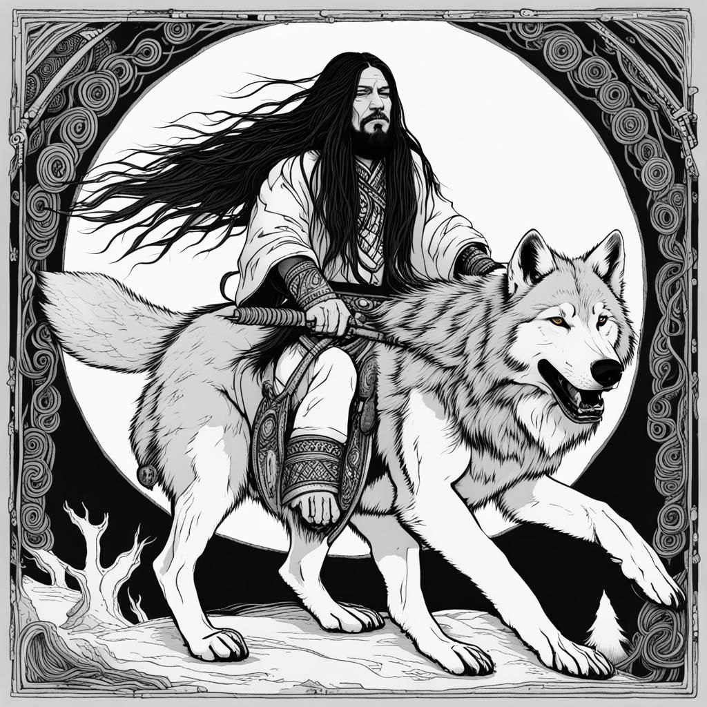 Long haired shaman ride wolf