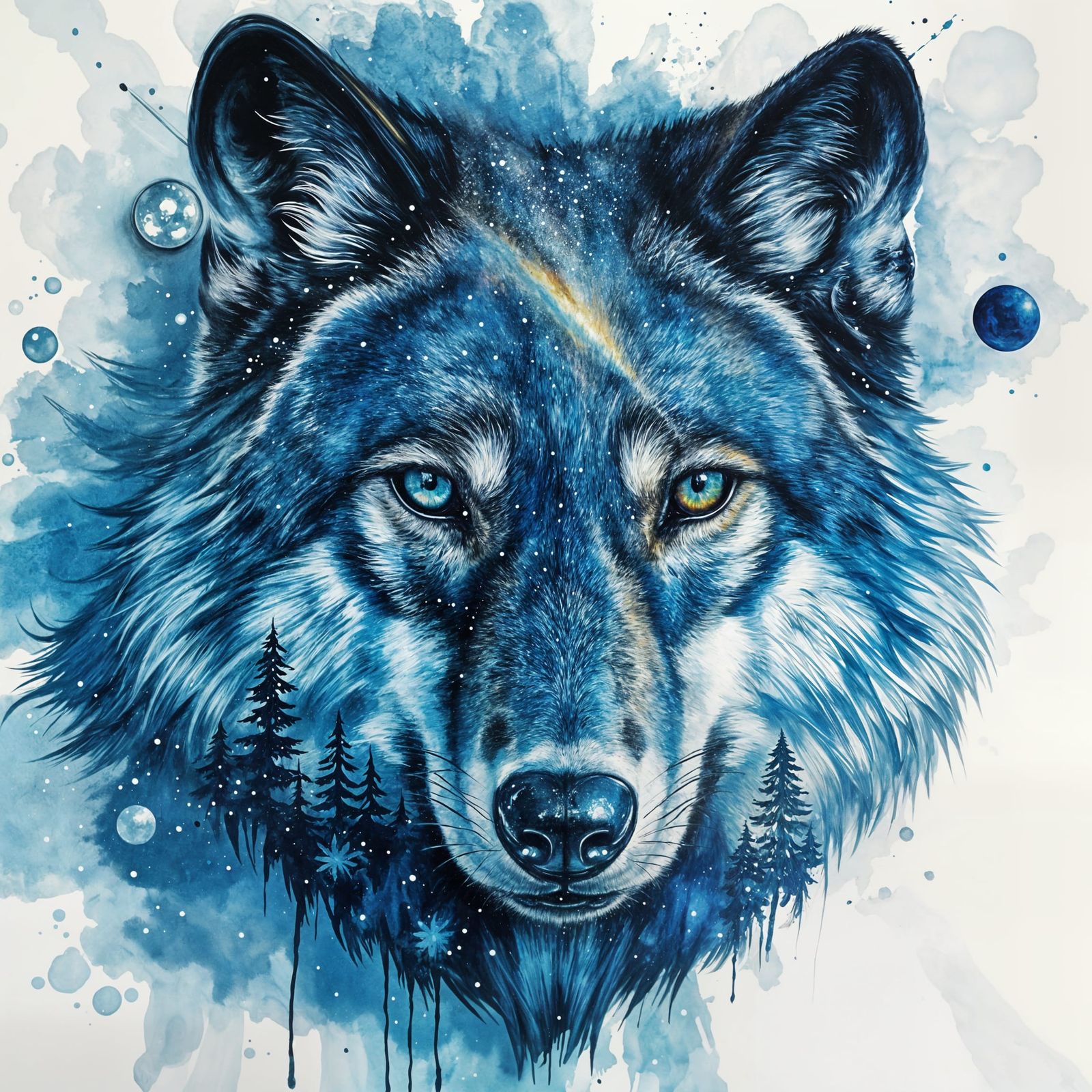 Wolf Head Amidst Vibrant Galaxy in Neo-Expressionist Oil Pai...