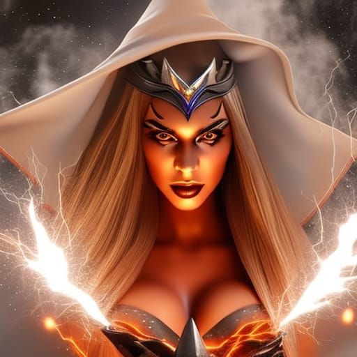 Hyper photo realistic gorgeous witch with alluring eyes cast...
