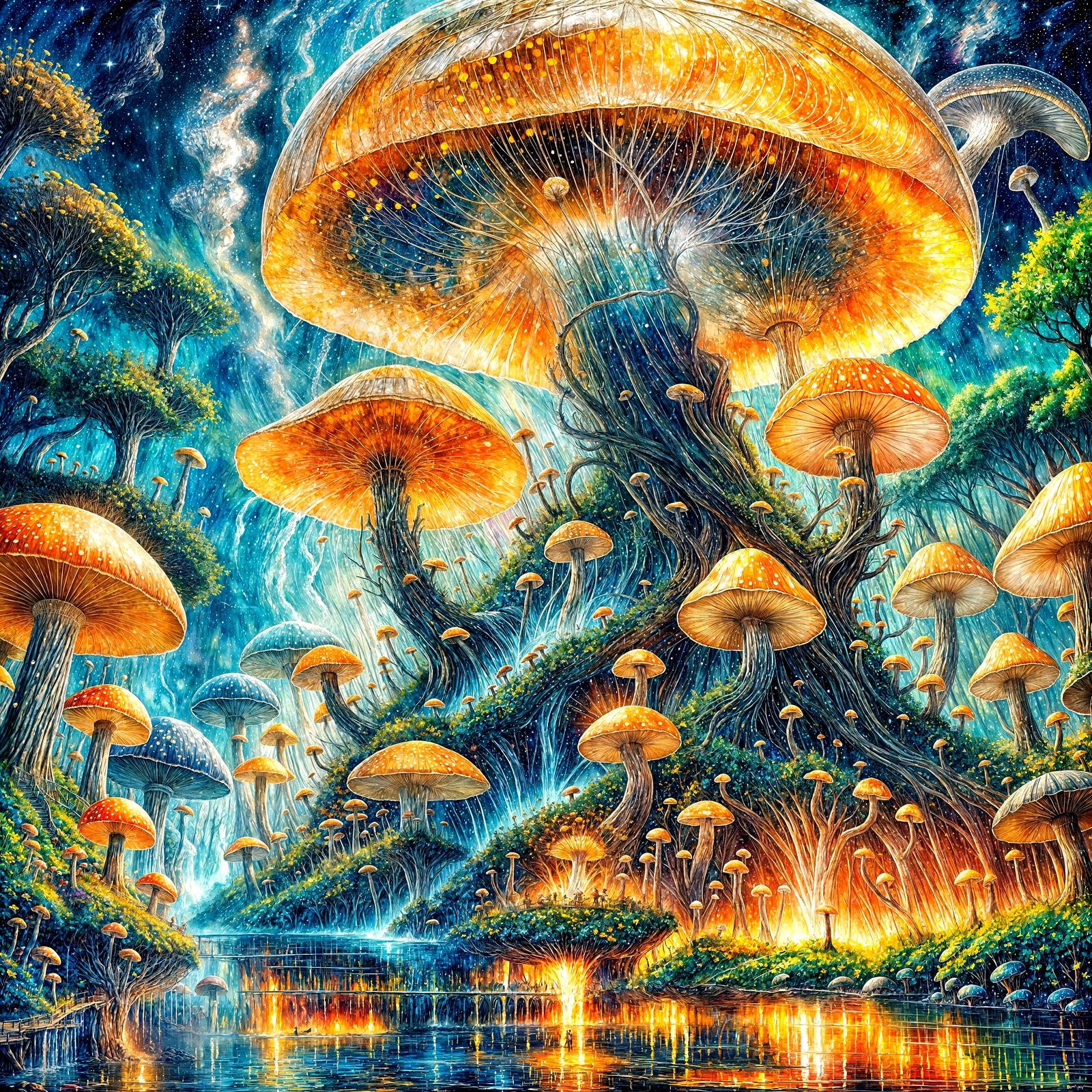 Bioluminescent Mushroom Colony  by @The Nights Sky