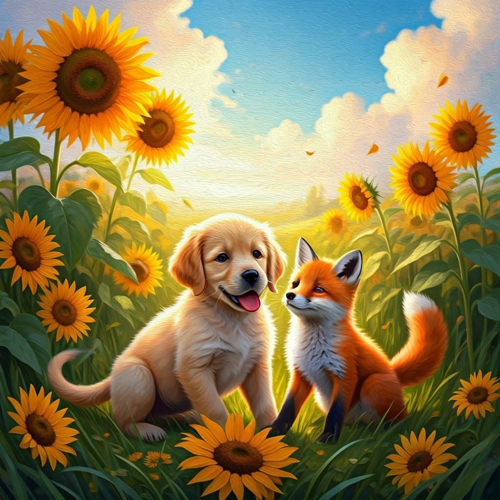 Golden Friends Chase in a Sunflower Meadow