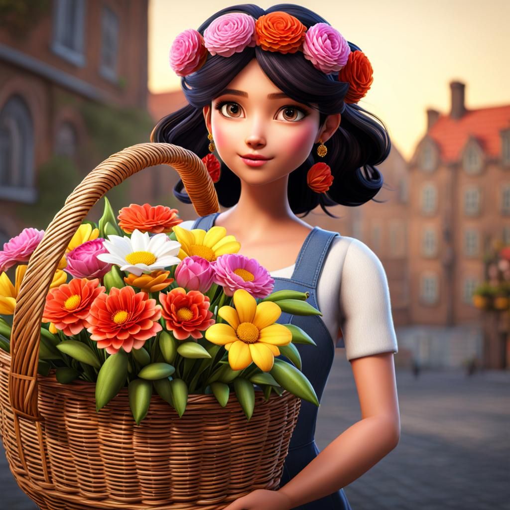 A nice flower bouquet in a basket carried by a  girl with a ...