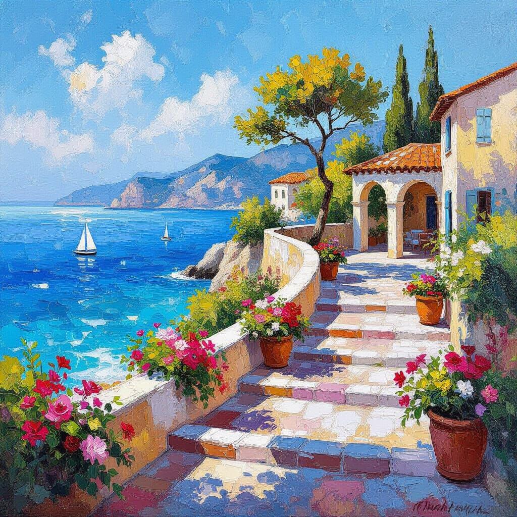 An impressionist oil painting of a sun-drenched Mediterranean coastal promenade leading to the sea. The ...  by @The Gray Noob