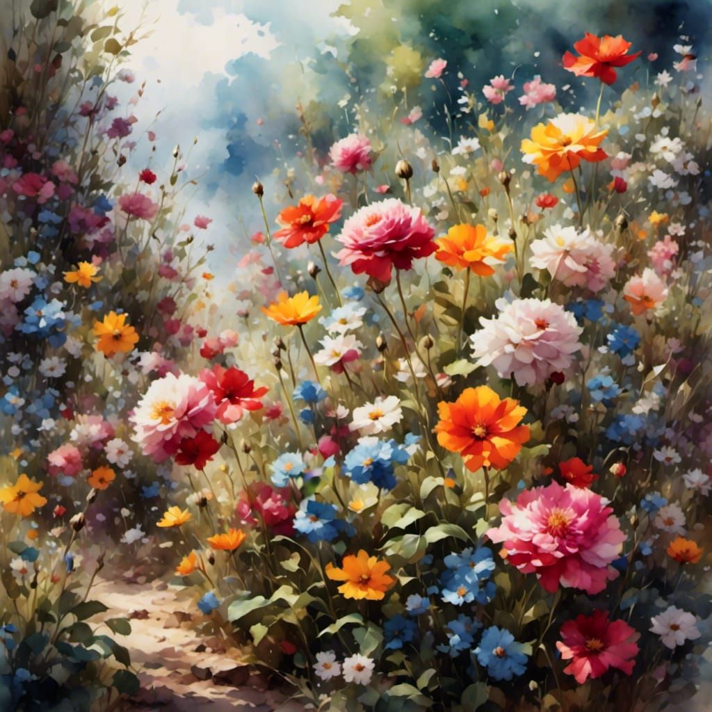 Watercolor Flower with Leaves on Stem