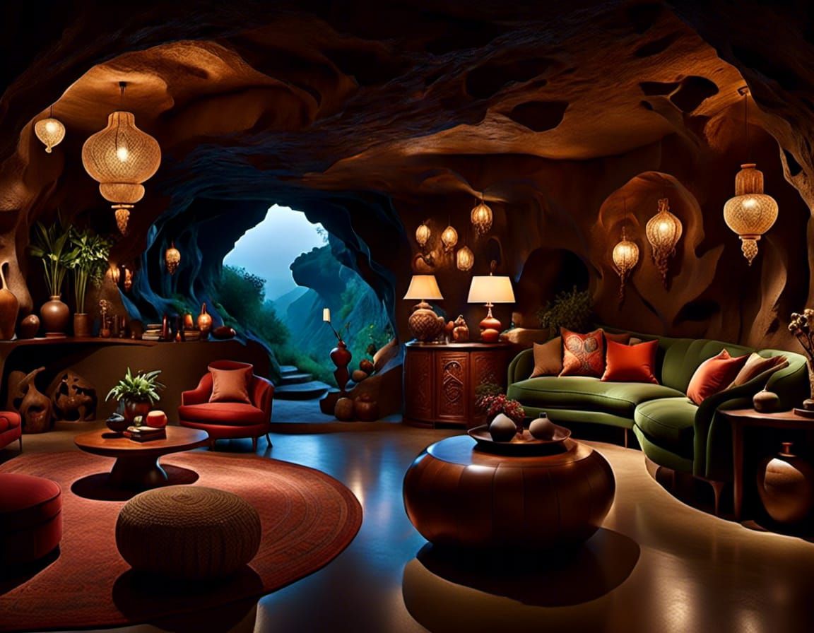 <lora:CaveHome:1.0> idyllic, romanticized, mood, serene, magical, quiet, peaceful hopeful. living room carved in a cave deep underground. f...