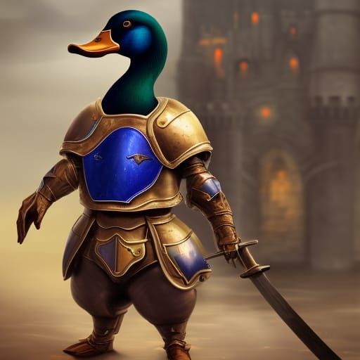 realistic mallard duck in armor full body with a sword, back...