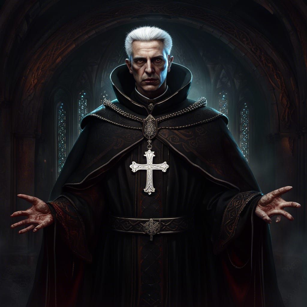 vampure slayer priest dressed in leather cassock with white celtic ...