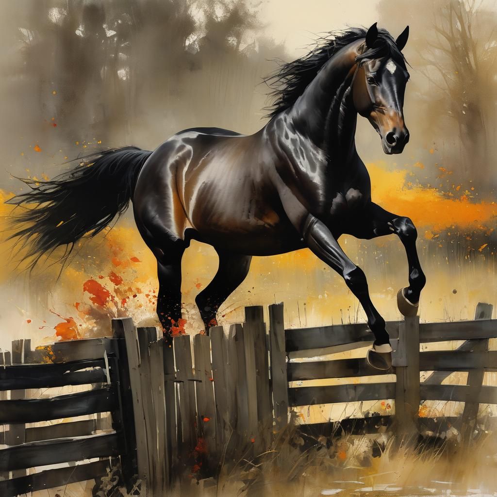 A black horse leaping over a fence, painting