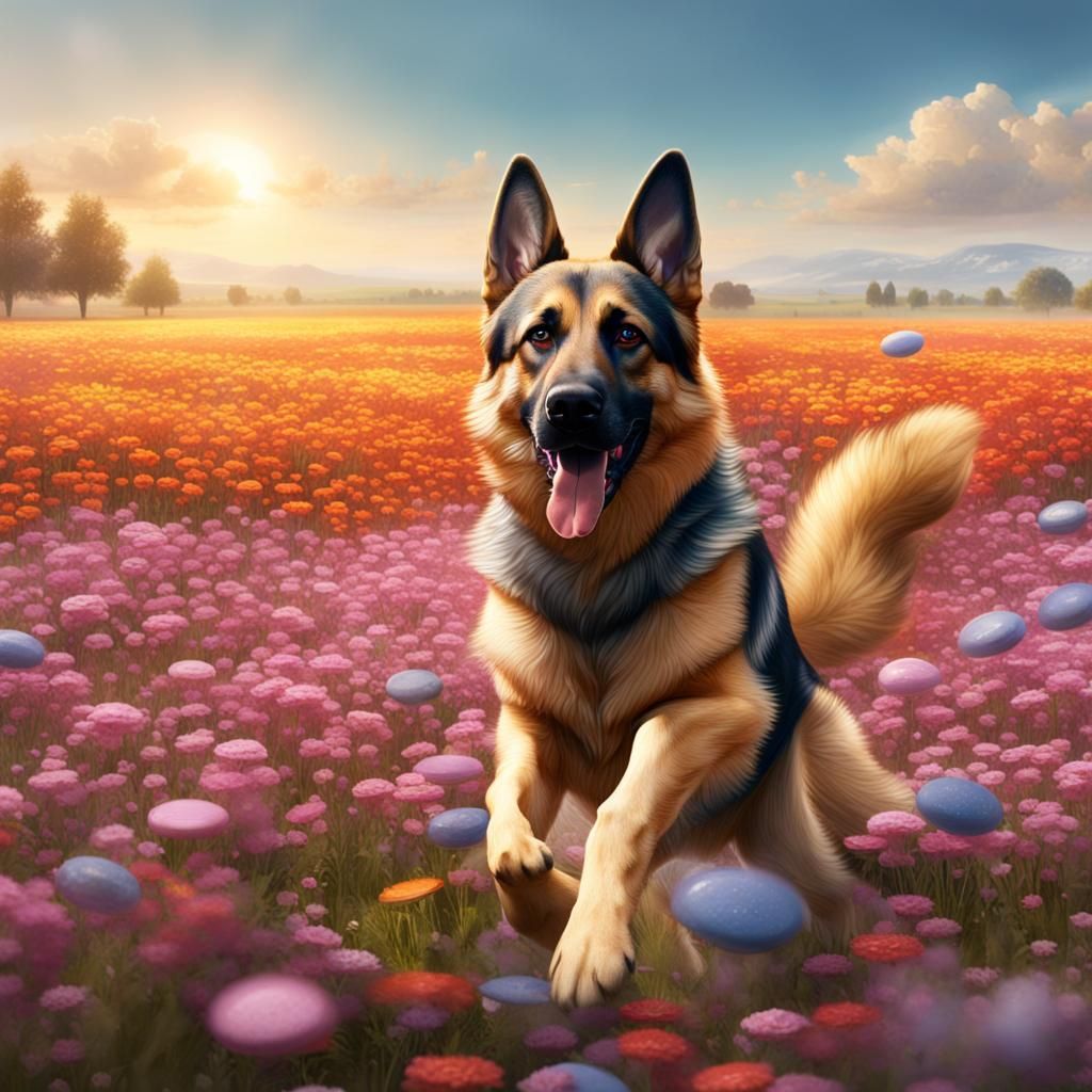 a german shepard catching a frisbee in a flower field