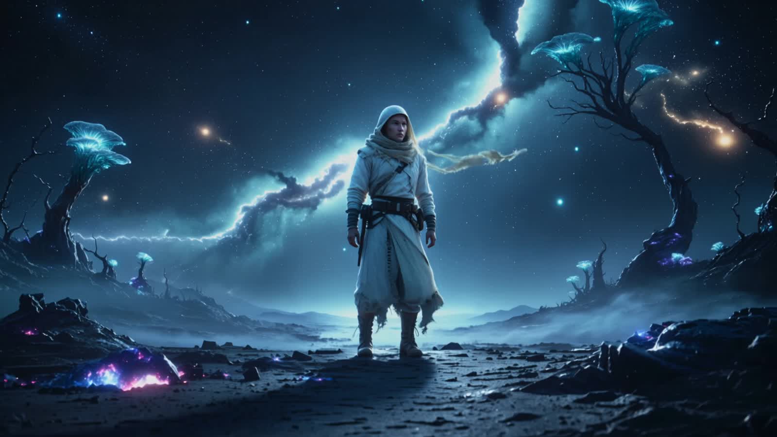 A lone astronaut, clad in a tattered, flowing robe, stands on a desolate alien planet. The landscape is a swirling nebul...