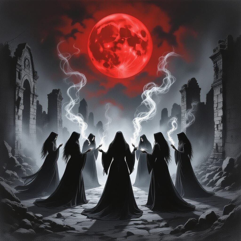 Coven in the Ruins: Under a blood-red moon, a circle of witches performs a dark ritual amid ancient crumbling ruins, the air thick with smok...