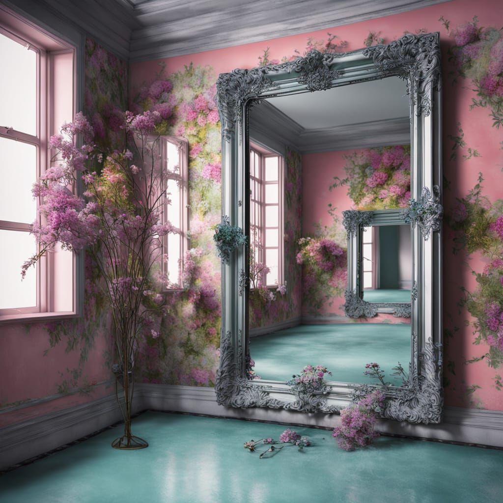 Surrealistic Mirror Matrix in a Dark, Opulent Setting