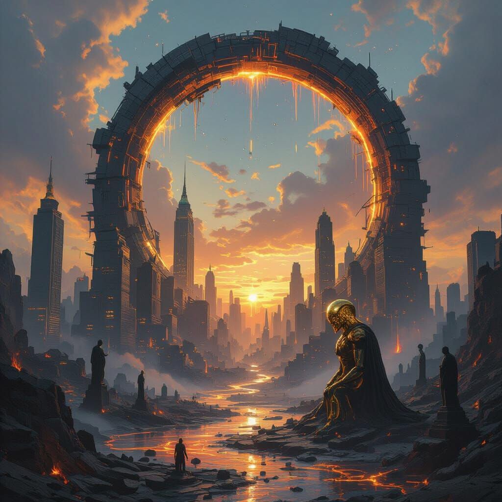 A shattered metropolis built inside the ribcage of a fallen titan, its bones fused with skyscrapers of black steel and burning circuitry. Ri...