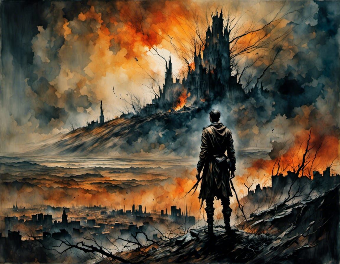 <lora:Dark:1.0> A soldier from the future, dirty and wounded, stands on a hill overlooking a ruined town with a fiery sky above him.