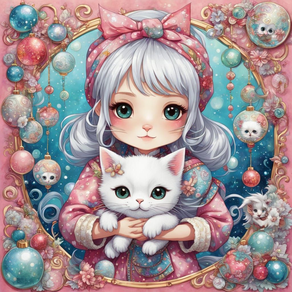 Whimsical Chibi Girl Adorns Her Cat with Love