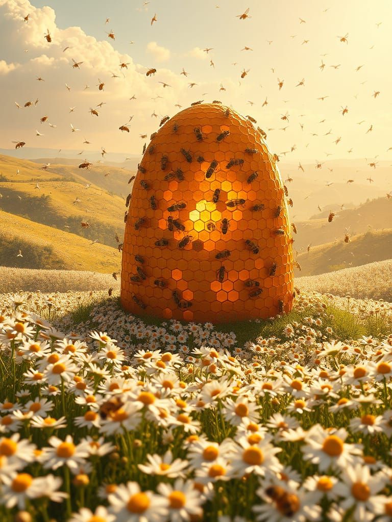 A beehive Very Huge and massive And the bees Beautiful From the top of the hanging rocksaround the hive That bee Worker Busy, busy.Around Those are And a plain full of herds...