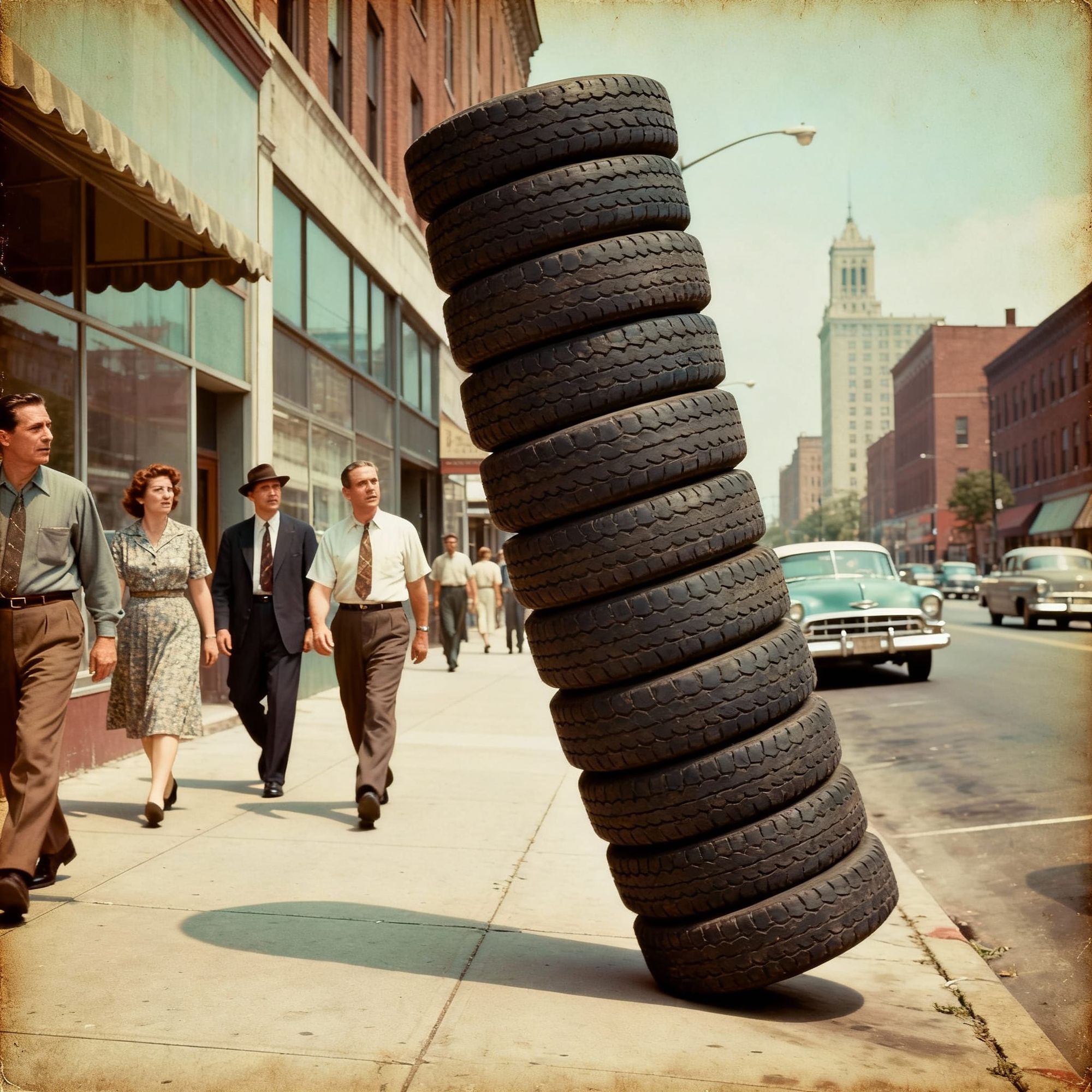 Industrious men and women step aside as a ne'er-do-well stack of obviously drunk truck tires blocks and cajoles fine Americans on their way to lunchtime sustenance.