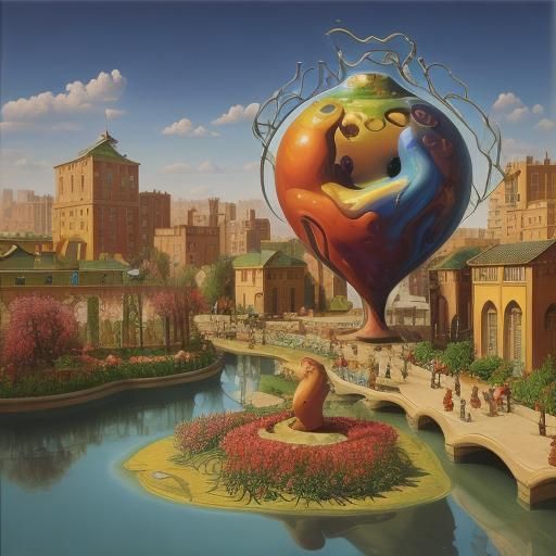 Hyperrealistic City Park Garden with Red Brick Wall