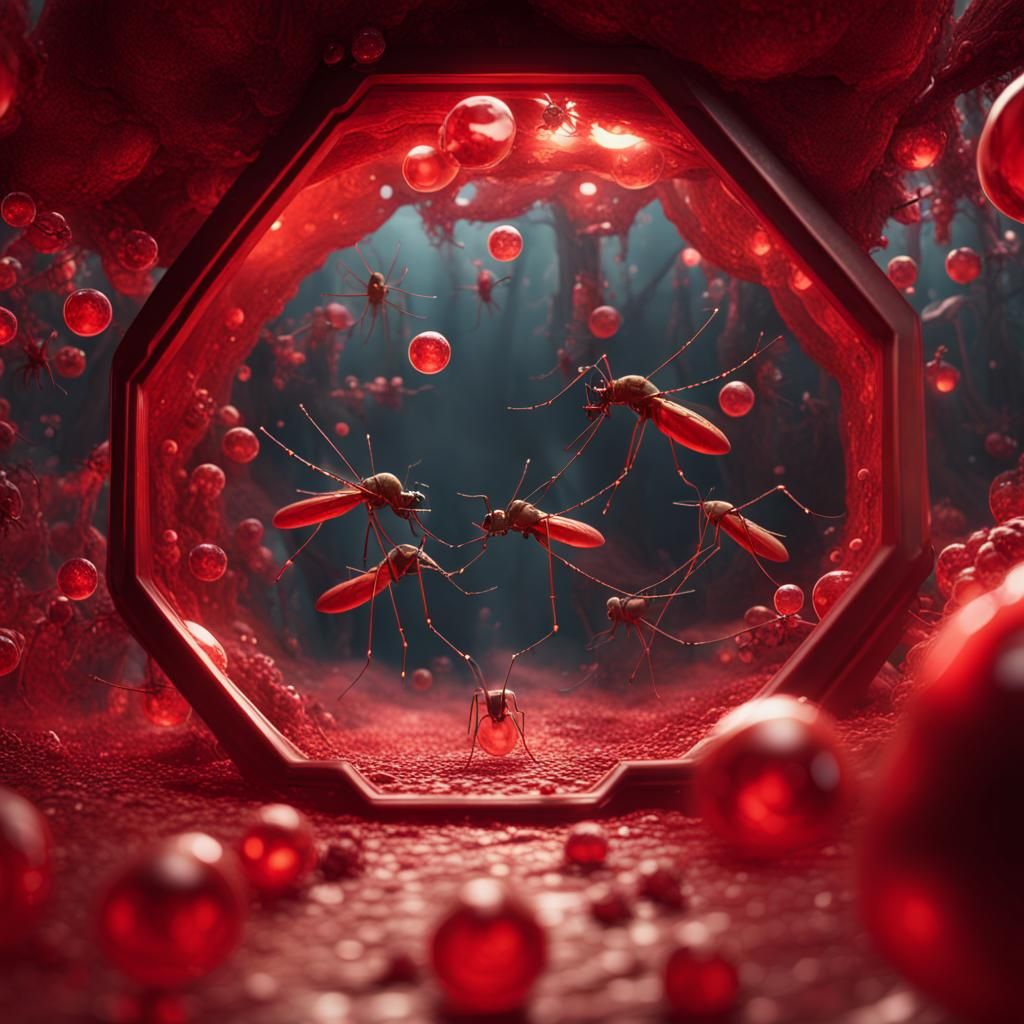 First person view. Red template. Red mosquitoes inside pentagonal