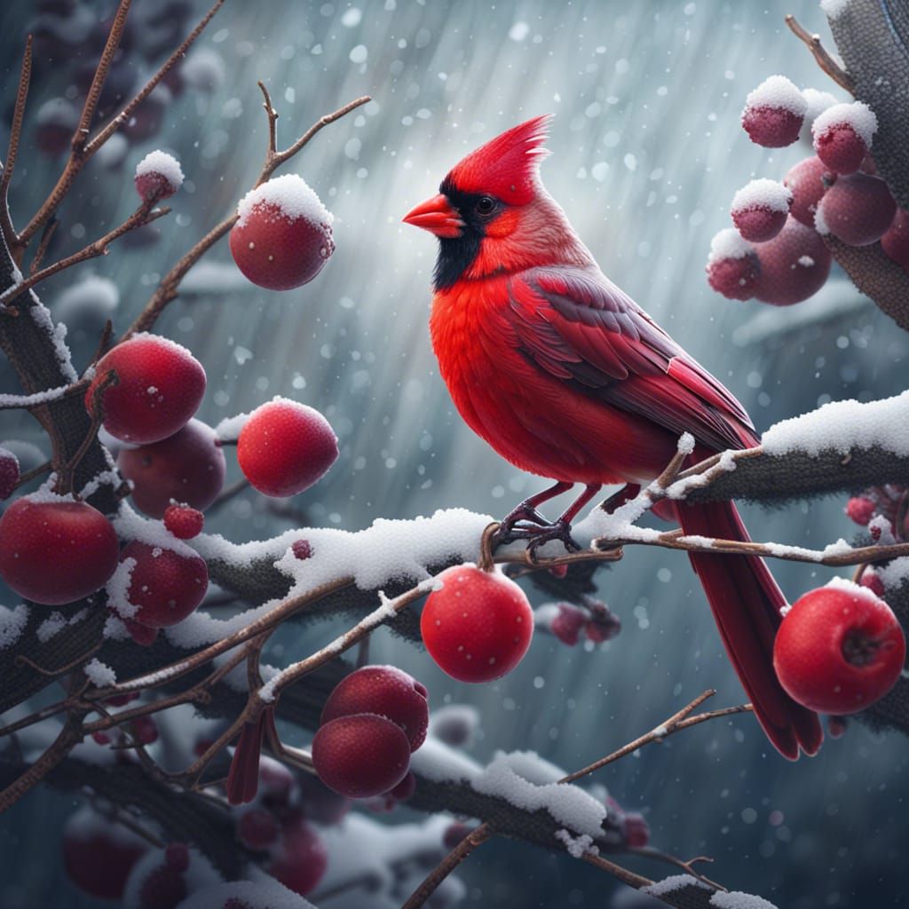 Red cardinal bird, red fruits, snow, enchanting, beautiful Epic cinematic brilliant stunning intricate ... false