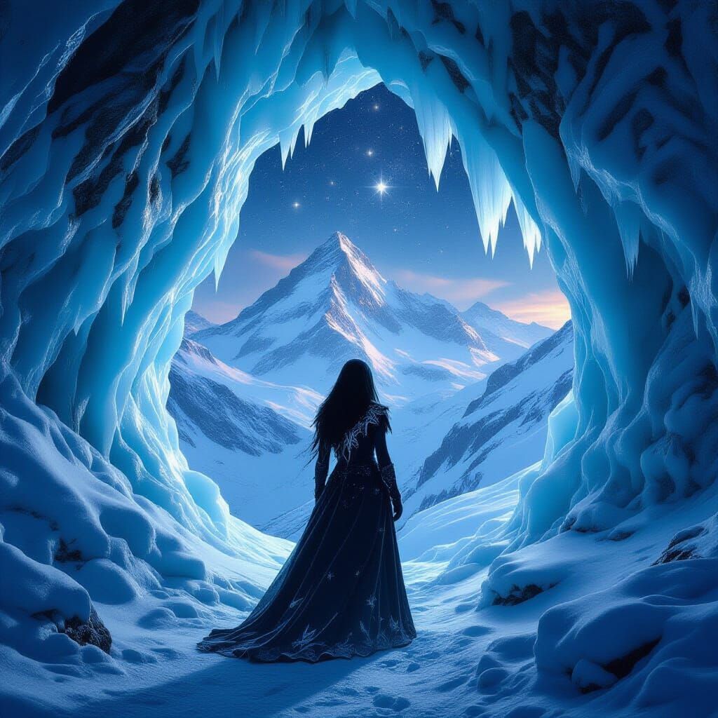 Mystical Girl at Glowing Ice Cave Entrance in Alps