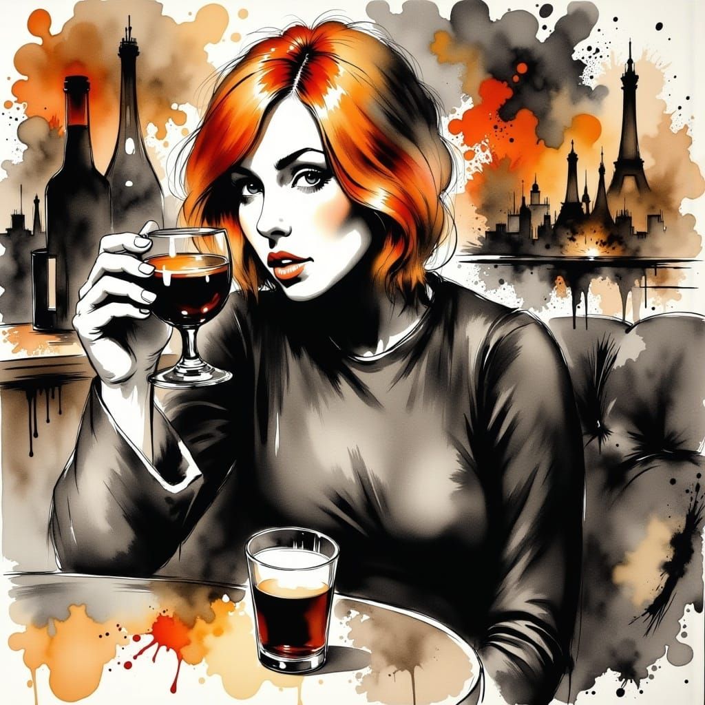 <lora:Charcoal Ink Fx:1.0> charcoal and ink art , beautiful illustration pretty woman in a pub, drinking, ginger hair, charcoal and ink art...