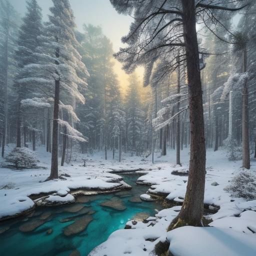 Squirrel in Snowy Forest with Golden Light, Surrealist Style