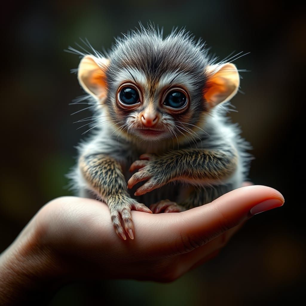 A tiny pygmy marmoset sitting in a human's palm  by @Tenar