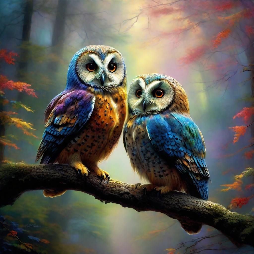 2 cute colorful fluffy owls sitting on a branch.  by @night cafe beginner